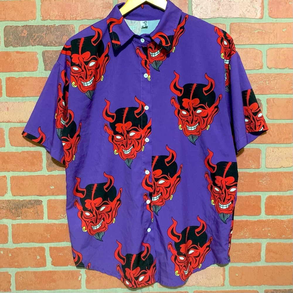 Sz S vintage Devil head button up shirt Japan pop retro anime kawaii